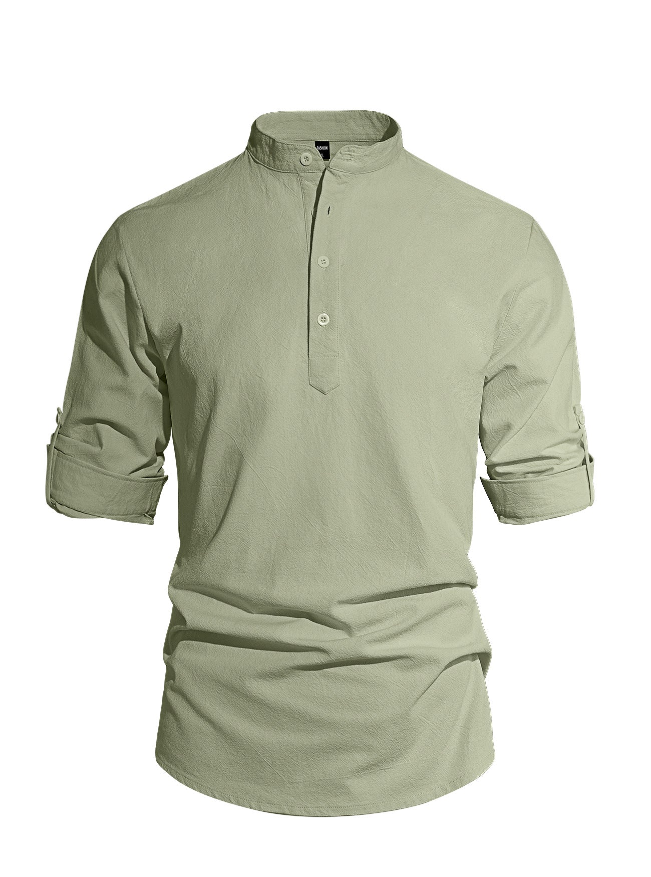 Men's Cotton Linen Henley Collar Solid Color Lightweight Long Sleeve Button-Down Shirt