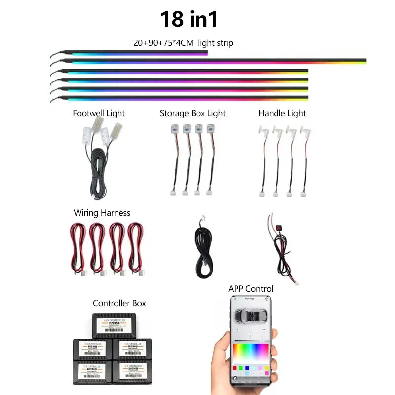 Car Ambient Light Kit 22 in 1 APP Remote Control RGB Dynamic Symphony Color Interior LED Strip Car Atmosphere Lighting Kit