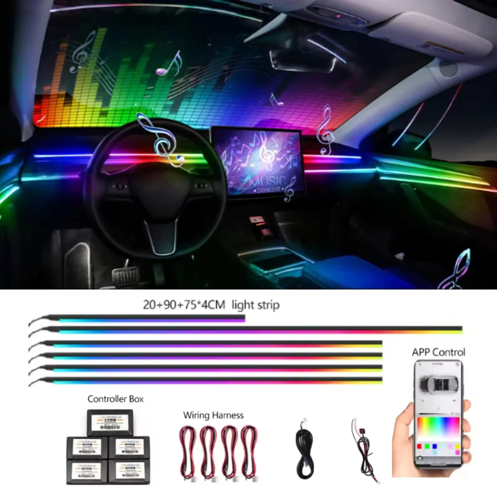 Car Ambient Light Kit 22 in 1 APP Remote Control RGB Dynamic Symphony Color Interior LED Strip Car Atmosphere Lighting Kit