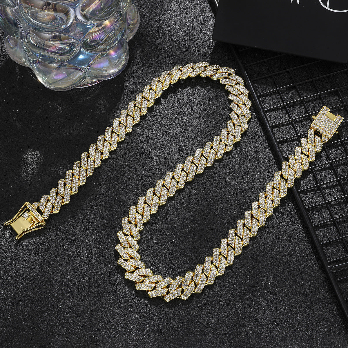 Diamond-Encrusted Watches,🔥🔥🔥🔥 Diamond-Shaped Cuban Bracelets and Necklaces, Three-Piece Set