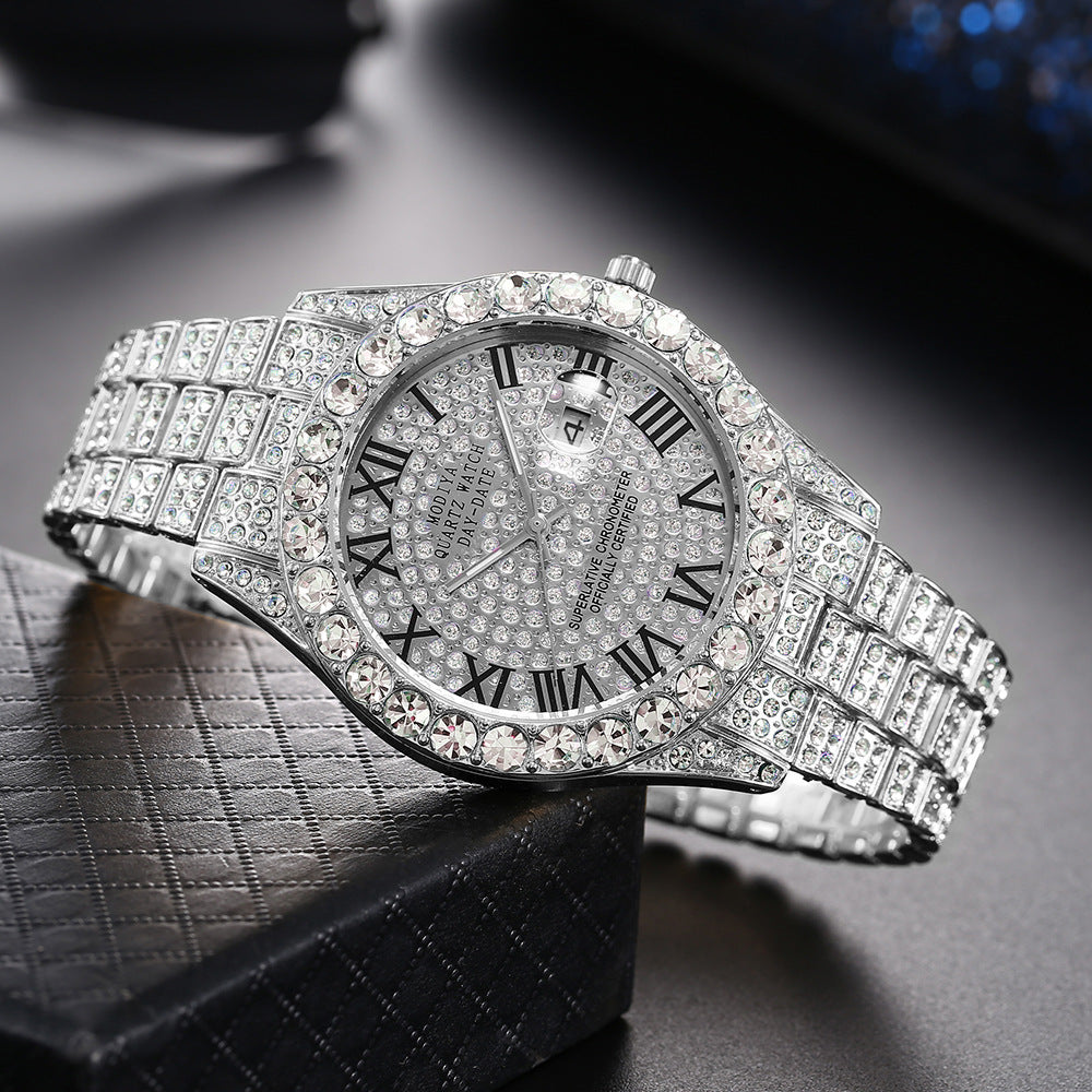 Diamond-Encrusted Watches,🔥🔥🔥🔥 Diamond-Shaped Cuban Bracelets and Necklaces, Three-Piece Set