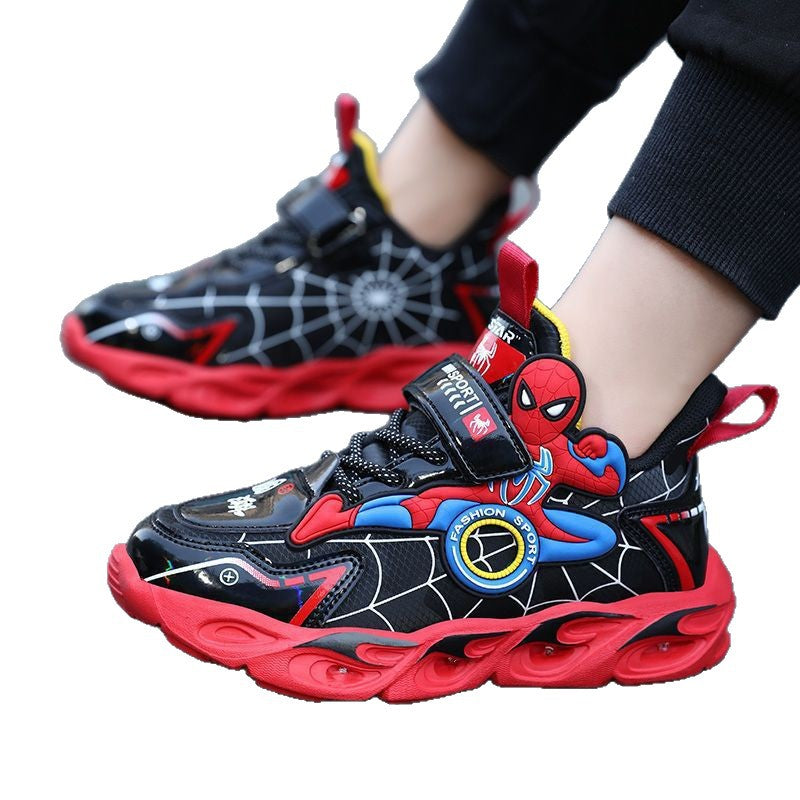 Boys' Shoes Anti-Slip Mid-Leat Running Shoes Leather with Lights Spider-Man Children's Sports Shoes Autumn Lightweight