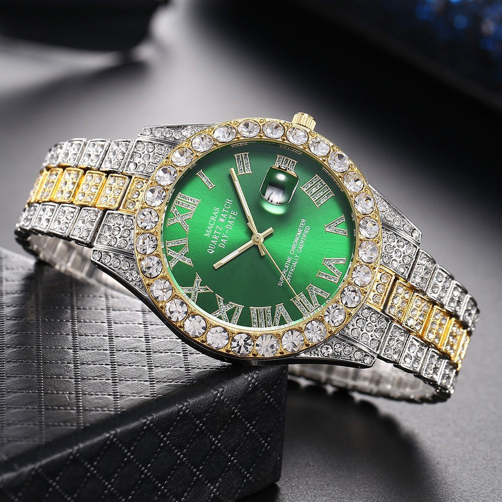 Diamond-Encrusted Watches,🔥🔥🔥🔥 Diamond-Shaped Cuban Bracelets and Necklaces, Three-Piece Set