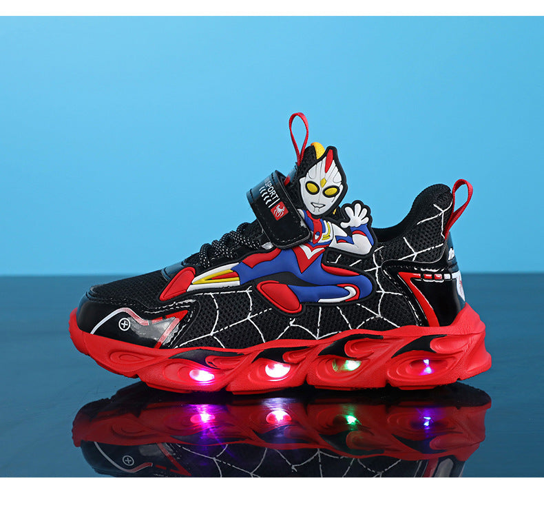 Boys' Shoes Anti-Slip Mid-Leat Running Shoes Leather with Lights Spider-Man Children's Sports Shoes Autumn Lightweight