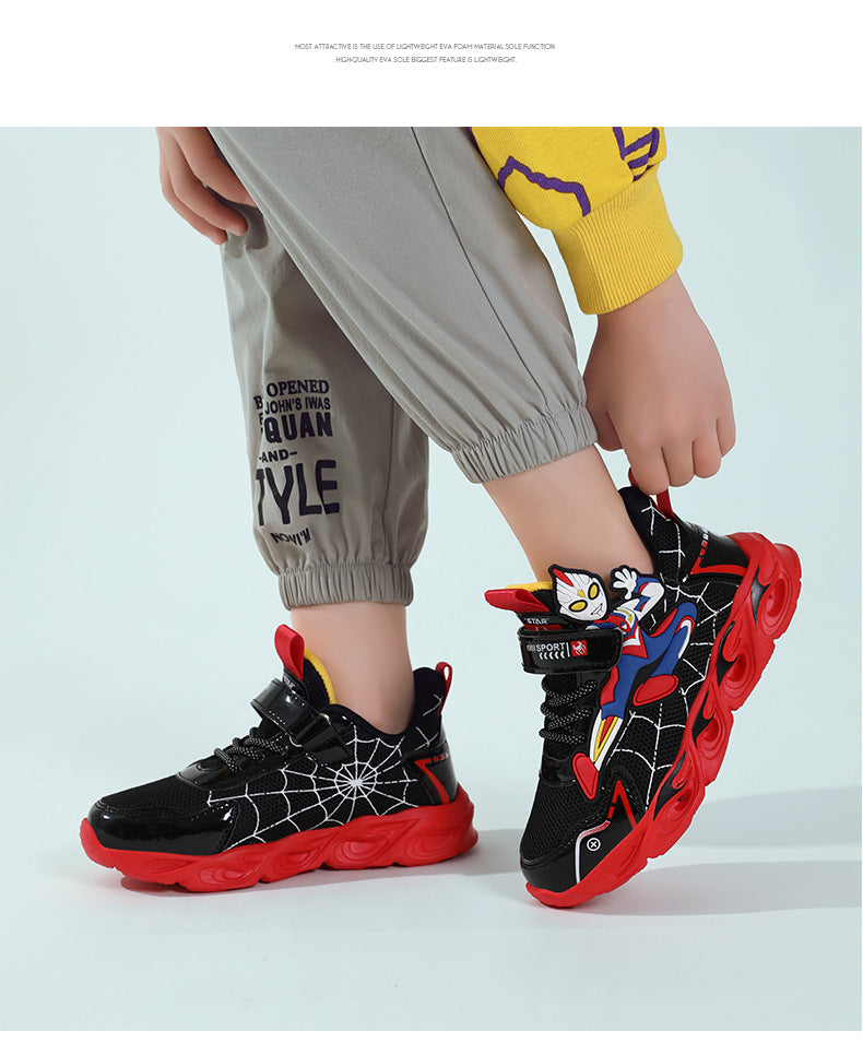 Boys' Shoes Anti-Slip Mid-Leat Running Shoes Leather with Lights Spider-Man Children's Sports Shoes Autumn Lightweight