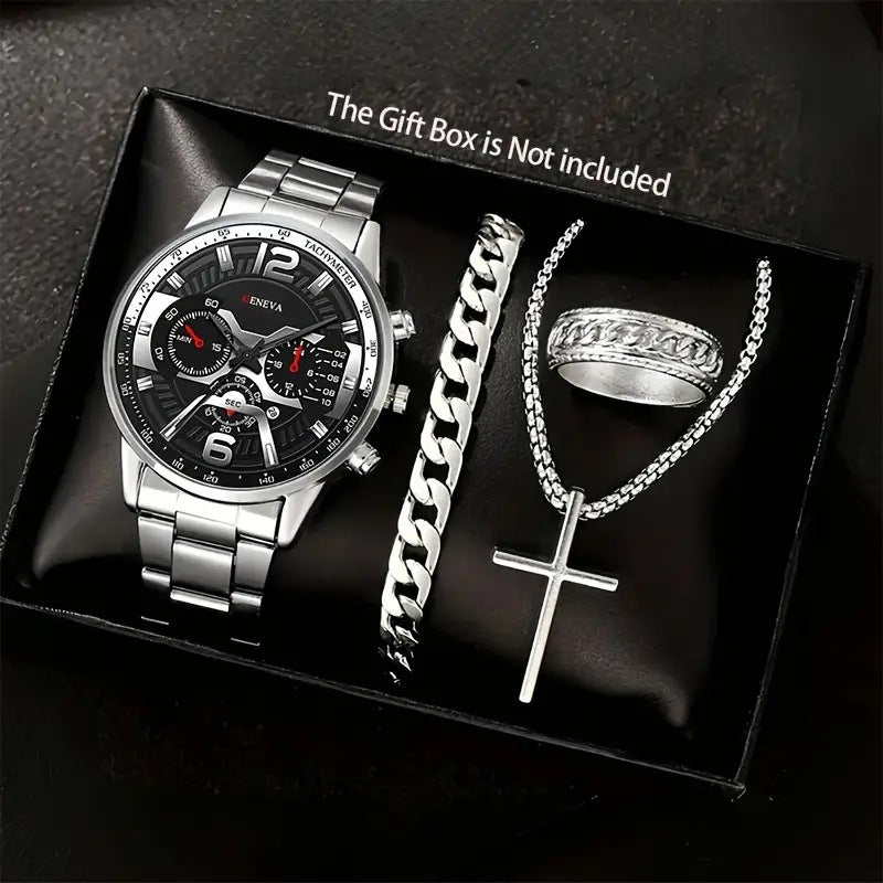 🔥🔥🔥🔥🔥Men's 4-piece Luxury Stainless Steel Quartz Watch with Calendar Gold Cross Necklace Bracelet and Ring