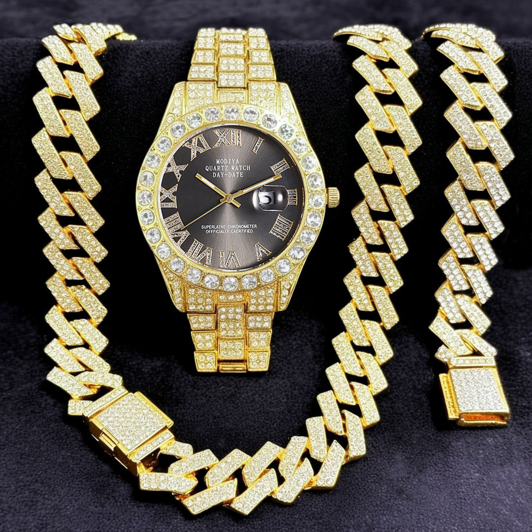 Diamond-Encrusted Watches,🔥🔥🔥🔥 Diamond-Shaped Cuban Bracelets and Necklaces, Three-Piece Set