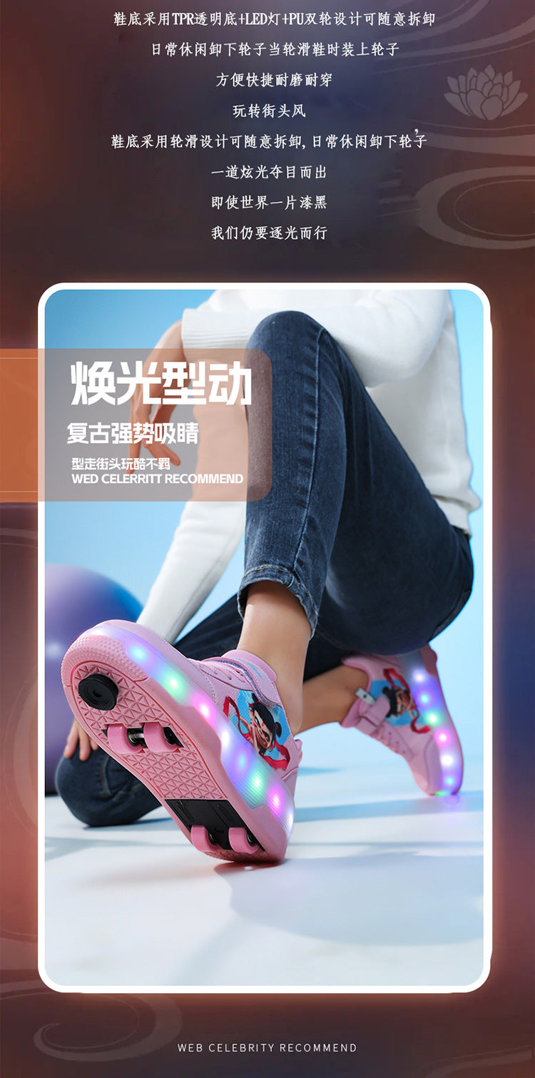 Factory Direct Sale Children's Light-Up Roller Shoes with Double Wheels, Invisible Student Roller Skates with Wheels for Walking, Suitable for Girls