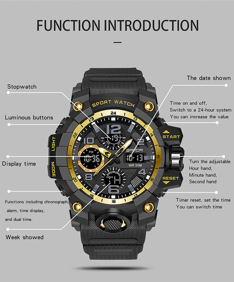 Sanda Hot-Selling Watch Korean Version Student Party Multi-Functional Waterproof Alarm Clock Electronic Watch Cool Dual Display Luminous Sports Watch