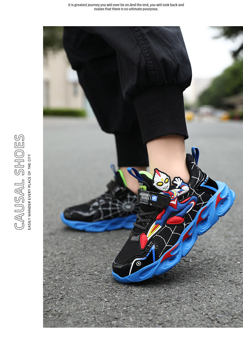 Boys' Shoes Anti-Slip Mid-Leat Running Shoes Leather with Lights Spider-Man Children's Sports Shoes Autumn Lightweight