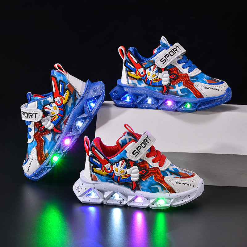 Spring and autumn 2025 new leather bright lights children's sneaker wholesale cartoon with lights boys soft bottom running shoes in stock