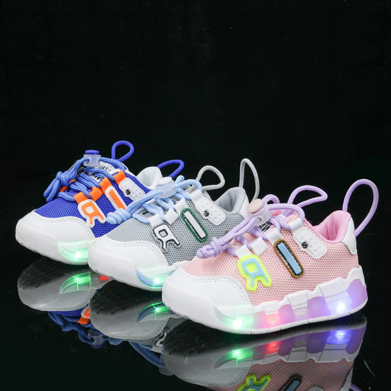 mesh sports shoes with lights children's shoes breathable casual boys and girls letters baby children's shoes in stock
