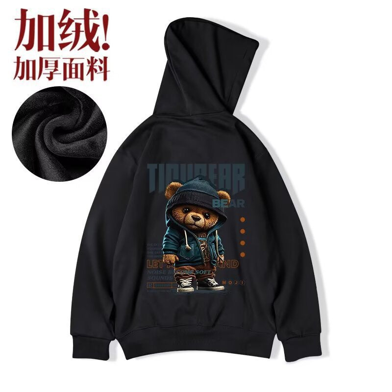 Men's Trendy Cartoon Bear Hooded Sweatshirt Autumn and Winter Men's Fashion Oversize American Style Trendy Brand Sweatshirt for Big Guys