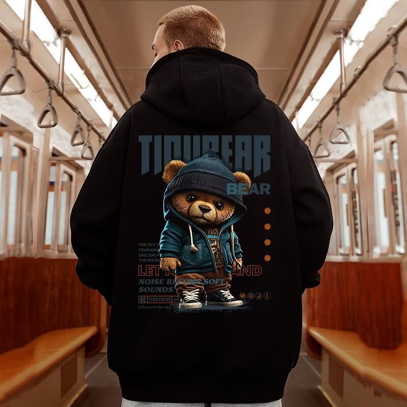 Men's Trendy Cartoon Bear Hooded Sweatshirt Autumn and Winter Men's Fashion Oversize American Style Trendy Brand Sweatshirt for Big Guys