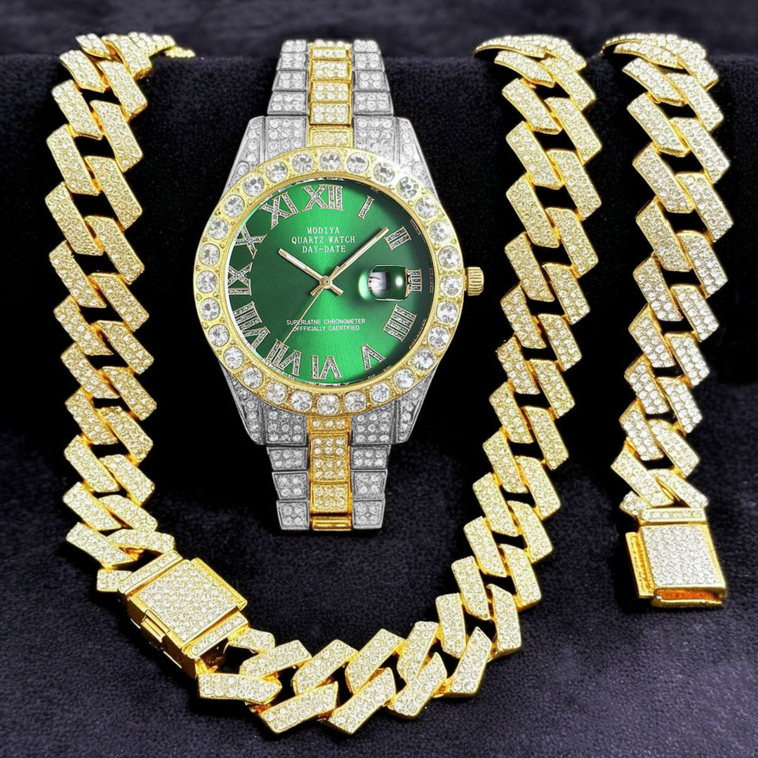 Diamond-Encrusted Watches,🔥🔥🔥🔥 Diamond-Shaped Cuban Bracelets and Necklaces, Three-Piece Set