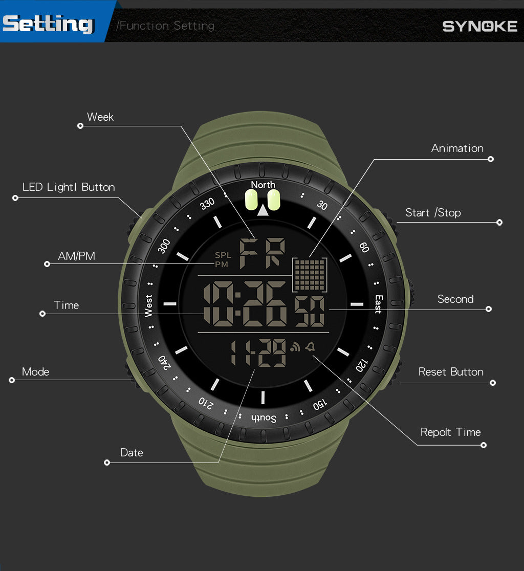 Synoke Sports Electronic Watch Outdoor Mountaineering Multi-Functional Luminous Waterproof Large Dial Fashionable Commuter Watch