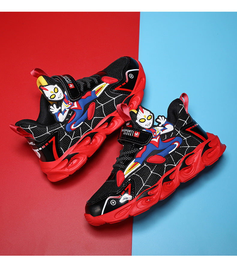 Boys' Shoes Anti-Slip Mid-Leat Running Shoes Leather with Lights Spider-Man Children's Sports Shoes Autumn Lightweight