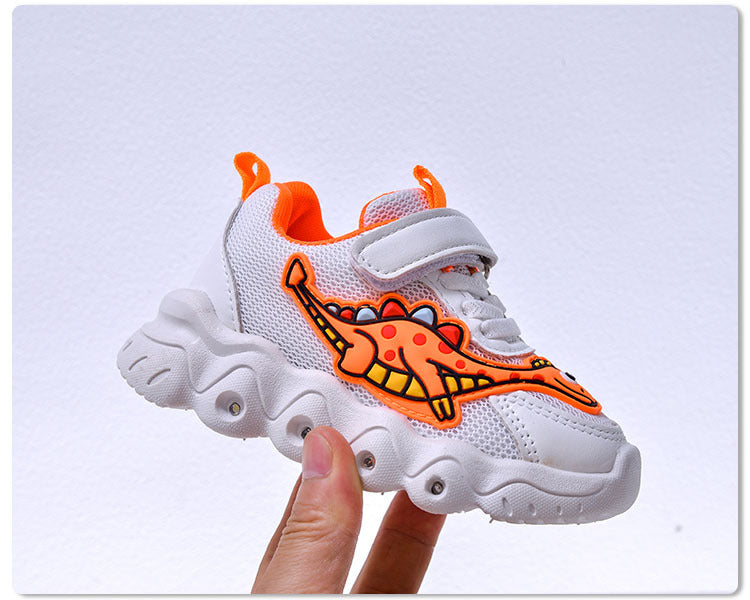 Spring New Style Dinosaur Led Light Sneakers for Boys and Girls Spring & Fall New Mesh Breathable Casual Light Shoes for Children