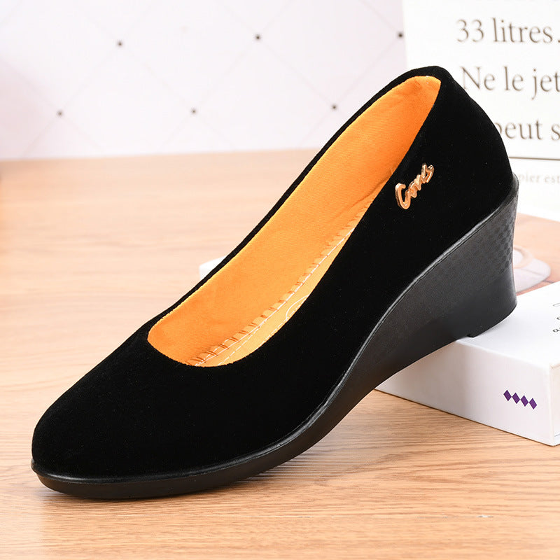Black Polyurethane Shoes with Thick Soles and Wedge Heels, Women's Shoes
