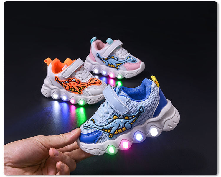 Spring New Style Dinosaur Led Light Sneakers for Boys and Girls Spring & Fall New Mesh Breathable Casual Light Shoes for Children