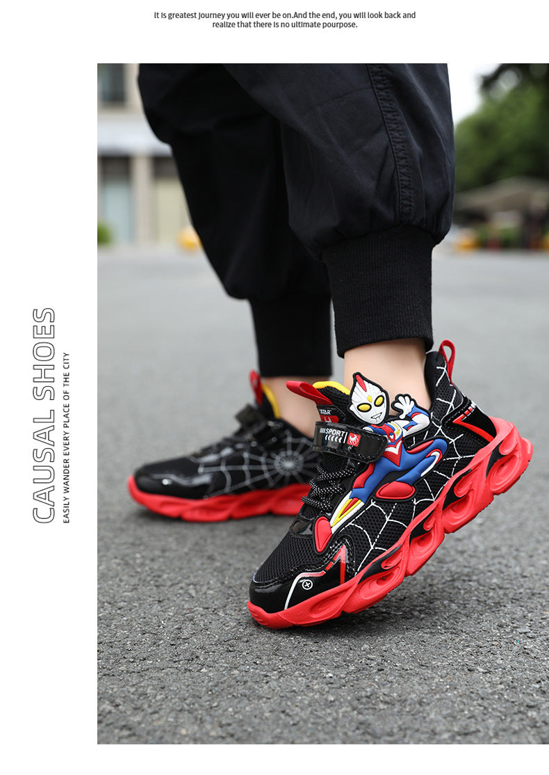 Boys' Shoes Anti-Slip Mid-Leat Running Shoes Leather with Lights Spider-Man Children's Sports Shoes Autumn Lightweight