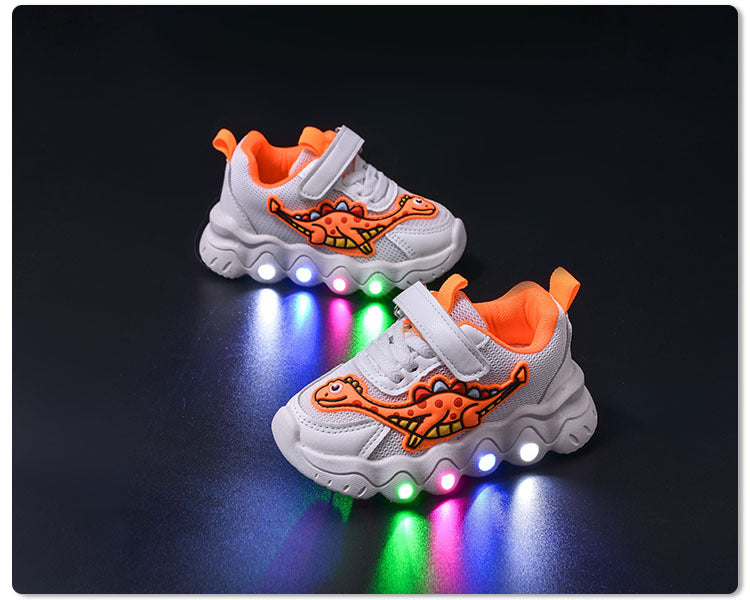 Spring New Style Dinosaur Led Light Sneakers for Boys and Girls Spring & Fall New Mesh Breathable Casual Light Shoes for Children
