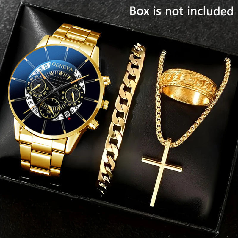 🔥🔥🔥🔥🔥Men's 4-piece Luxury Stainless Steel Quartz Watch with Calendar Gold Cross Necklace Bracelet and Ring
