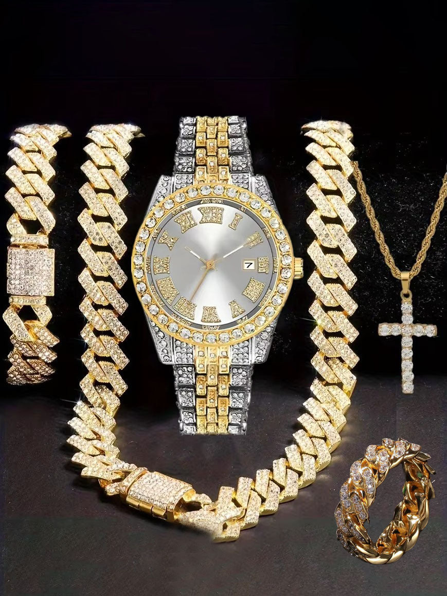 Diamond Watch🔥🔥🔥🔥 Five-Piece Diamond Cuban Chain Cross Necklace Cuban Ring