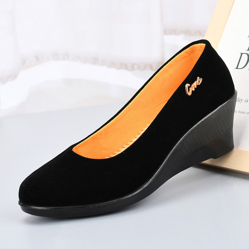 Black Polyurethane Shoes with Thick Soles and Wedge Heels, Women's Shoes