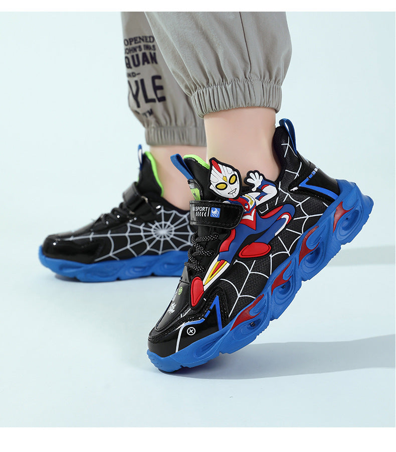 Boys' Shoes Anti-Slip Mid-Leat Running Shoes Leather with Lights Spider-Man Children's Sports Shoes Autumn Lightweight