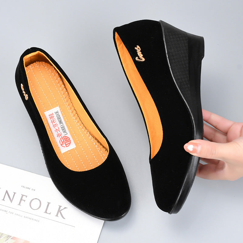 Black Polyurethane Shoes with Thick Soles and Wedge Heels, Women's Shoes