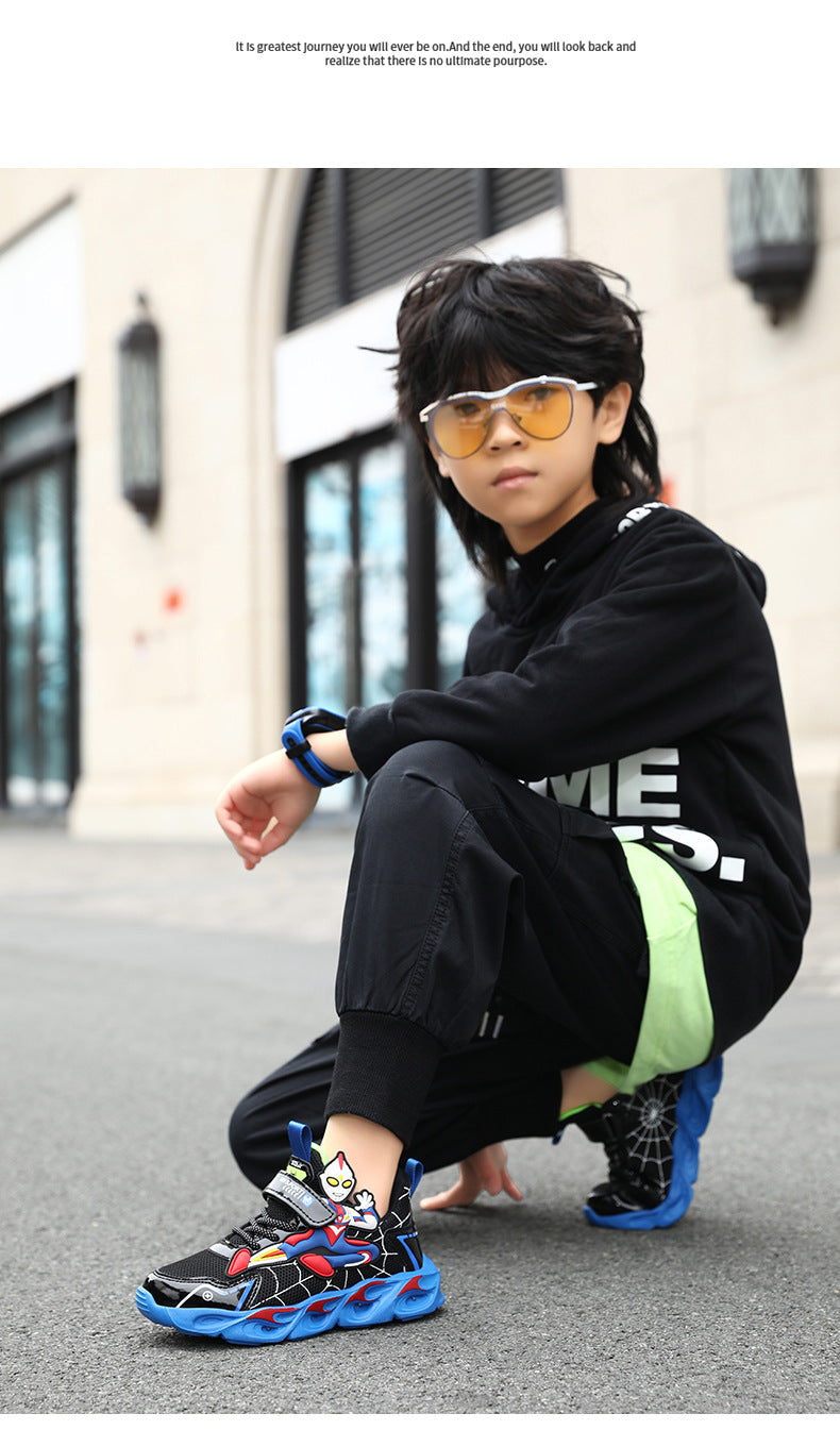 Boys' Shoes Anti-Slip Mid-Leat Running Shoes Leather with Lights Spider-Man Children's Sports Shoes Autumn Lightweight