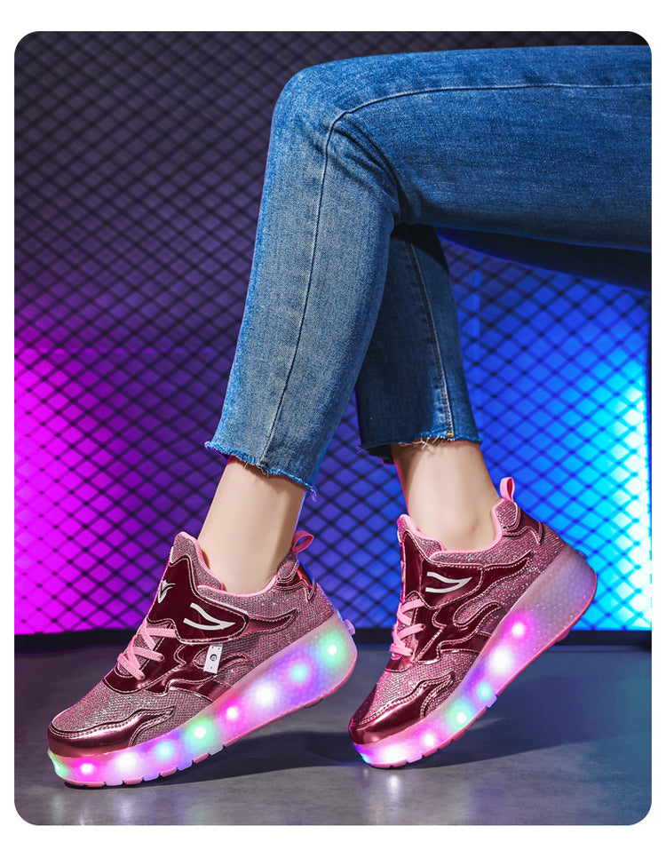 Factory Direct Sale Children's Light-Up Roller Shoes with Double Wheels, Invisible Student Roller Skates with Wheels for Walking, Suitable for Girls
