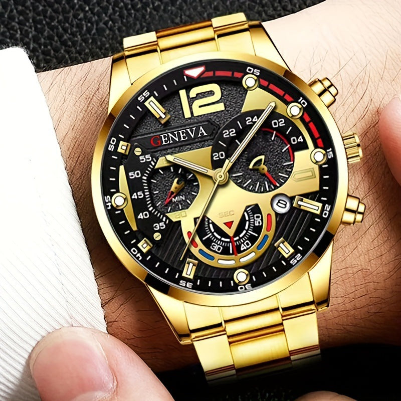 Men's 4-piece Luxury Stainless Steel Quartz Watch with Calendar Gold Cross Necklace Bracelet and Ring