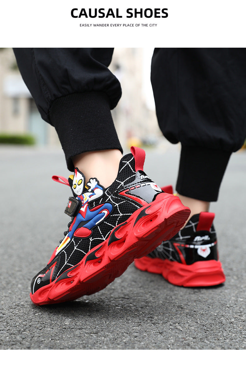 Boys' Shoes Anti-Slip Mid-Leat Running Shoes Leather with Lights Spider-Man Children's Sports Shoes Autumn Lightweight