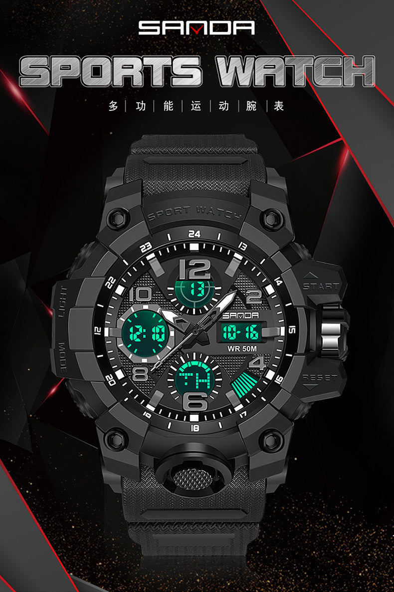 Sanda Hot-Selling Watch Korean Version Student Party Multi-Functional Waterproof Alarm Clock Electronic Watch Cool Dual Display Luminous Sports Watch