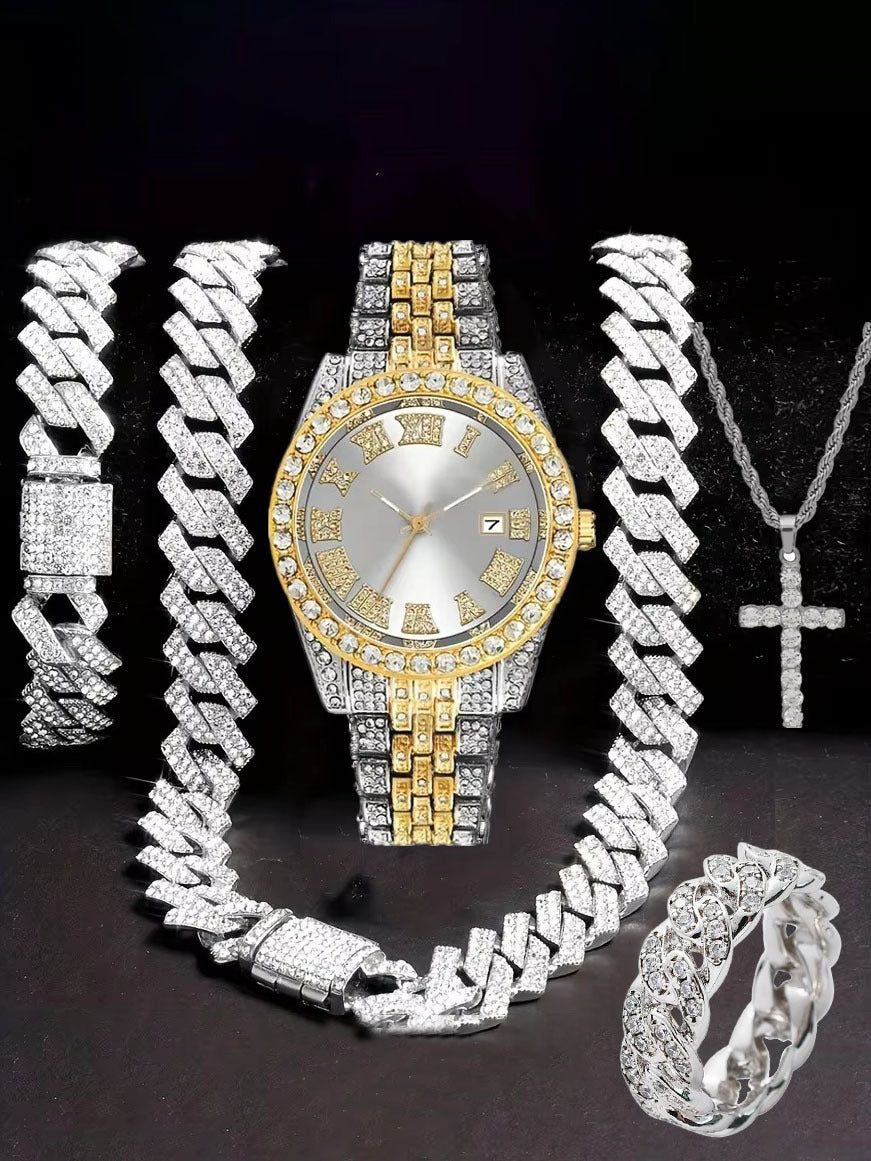 Diamond Watch🔥🔥🔥🔥 Five-Piece Diamond Cuban Chain Cross Necklace Cuban Ring