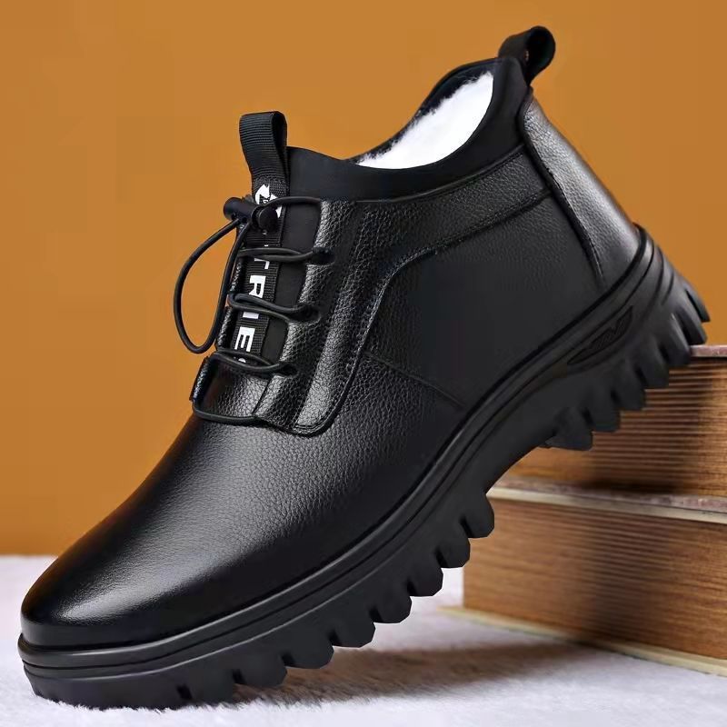 Men's shoes winter men's cotton-padded shoes men's soft bottom non-slip leather shoes men's soft leather high-top thickened fleece-lined warm snow boots
