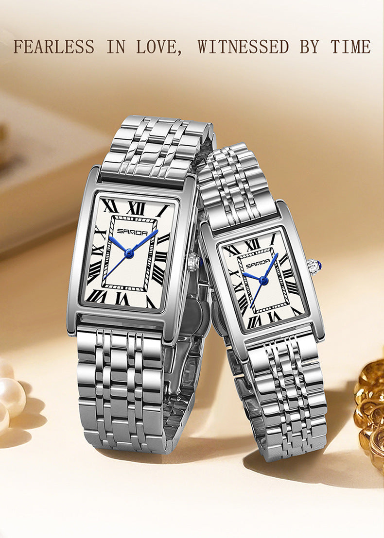 Sanda Live Hot Couple Watch Vintage Square Quartz Watch Waterproof Roman Scale Men's and Women's Watches