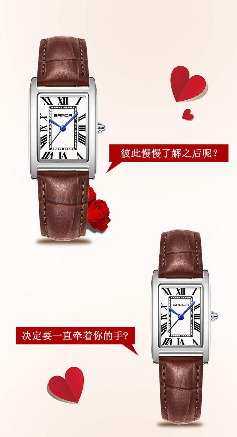 Sanda Live Hot Couple Watch Vintage Square Quartz Watch Waterproof Roman Scale Men's and Women's Watches