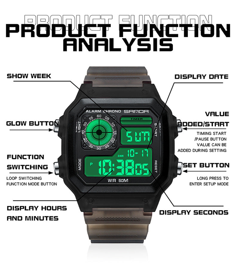 🔥🔥🔥🔥 Luminous Waterproof Alarm Watch Simple Transparent Sports Watch