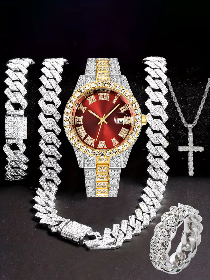 Diamond Watch🔥🔥🔥🔥 Five-Piece Diamond Cuban Chain Cross Necklace Cuban Ring