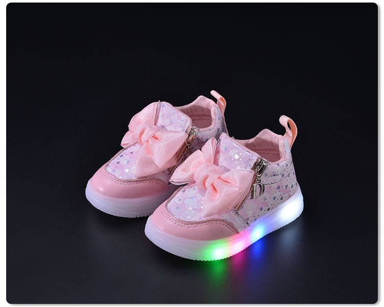 Spring and Autumn New Girls Princess LED Lighting Small and Medium Girls Casual Bow Sports Soft Sole Shoes Factory Outlet