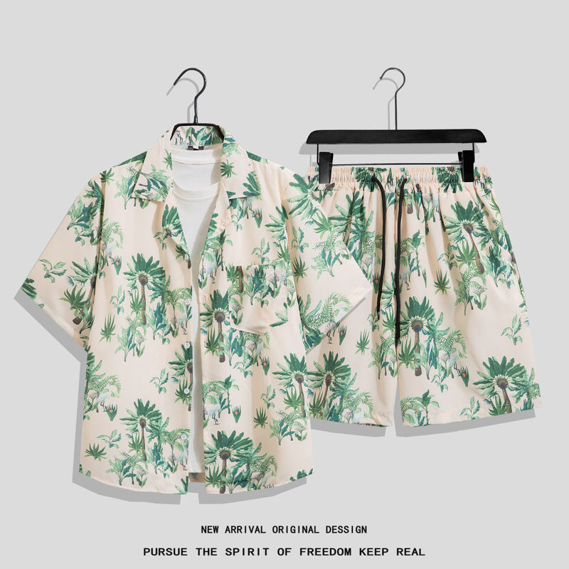 Men's Ins Summer Loose Short-Sleeved Shorts Suit Trendy and Handsome Beach Floral Couple Clothes Hawaiian Style Shirt