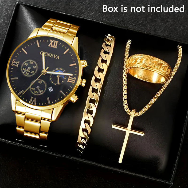 🔥🔥🔥🔥🔥Men's 4-piece Luxury Stainless Steel Quartz Watch with Calendar Gold Cross Necklace Bracelet and Ring