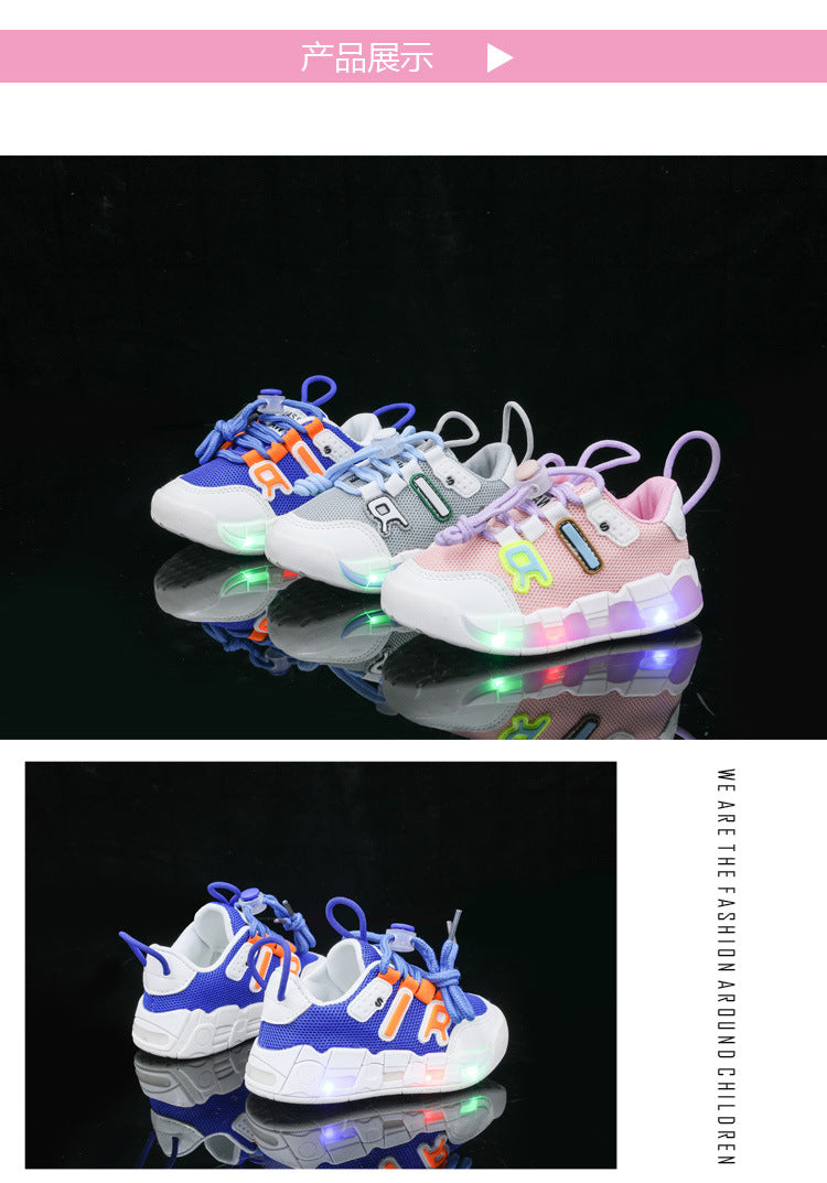 mesh sports shoes with lights children's shoes breathable casual boys and girls letters baby children's shoes in stock