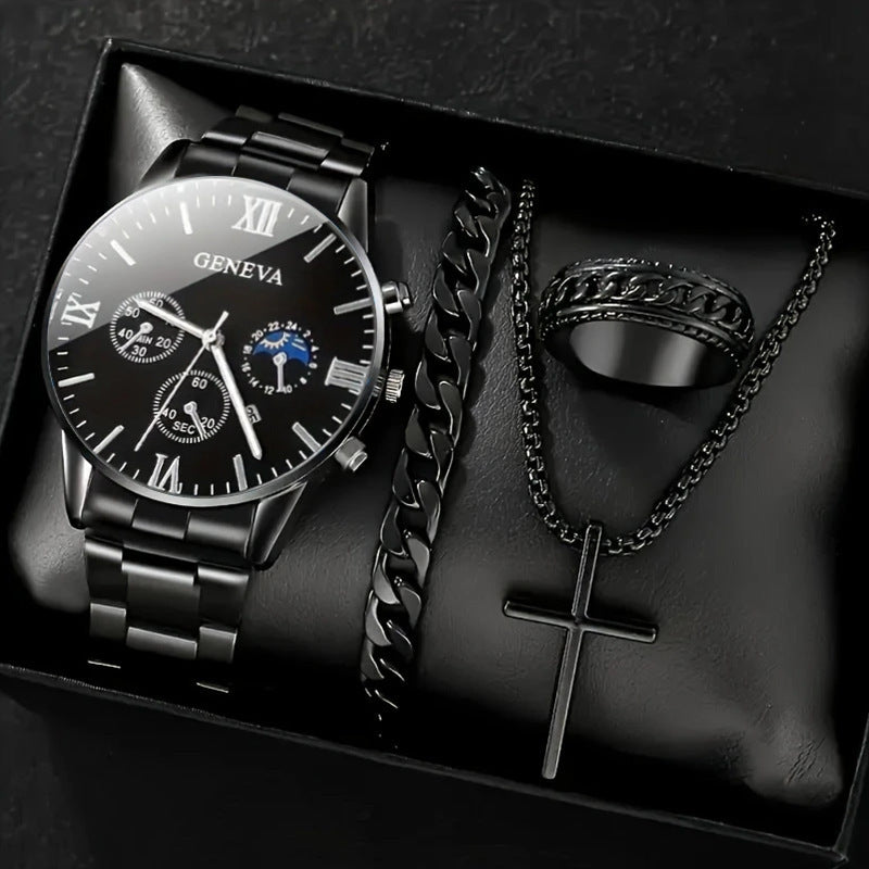 🔥🔥🔥🔥🔥Men's 4-piece Luxury Stainless Steel Quartz Watch with Calendar Gold Cross Necklace Bracelet and Ring