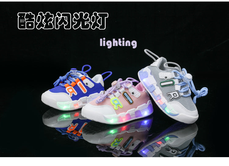 mesh sports shoes with lights children's shoes breathable casual boys and girls letters baby children's shoes in stock