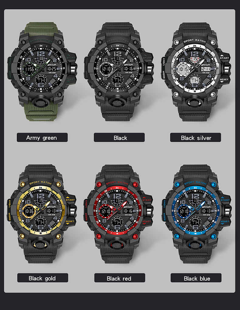 Sanda Hot-Selling Watch Korean Version Student Party Multi-Functional Waterproof Alarm Clock Electronic Watch Cool Dual Display Luminous Sports Watch