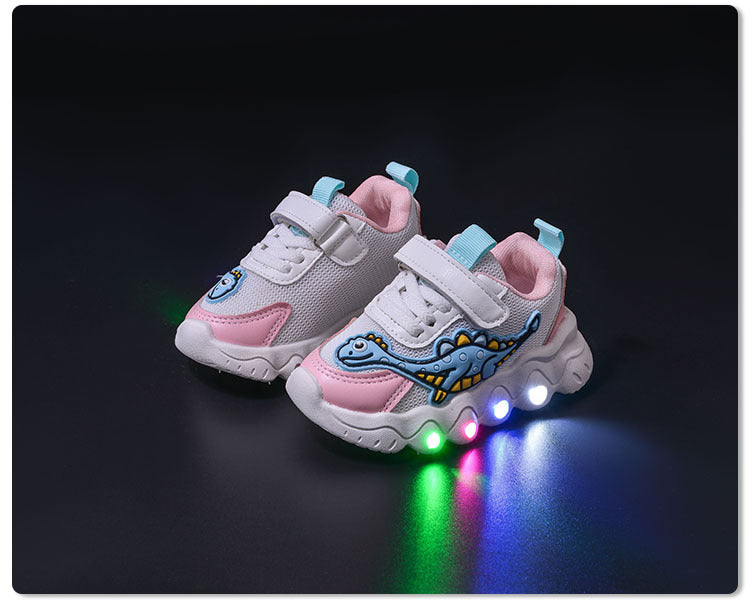 Spring New Style Dinosaur Led Light Sneakers for Boys and Girls Spring & Fall New Mesh Breathable Casual Light Shoes for Children